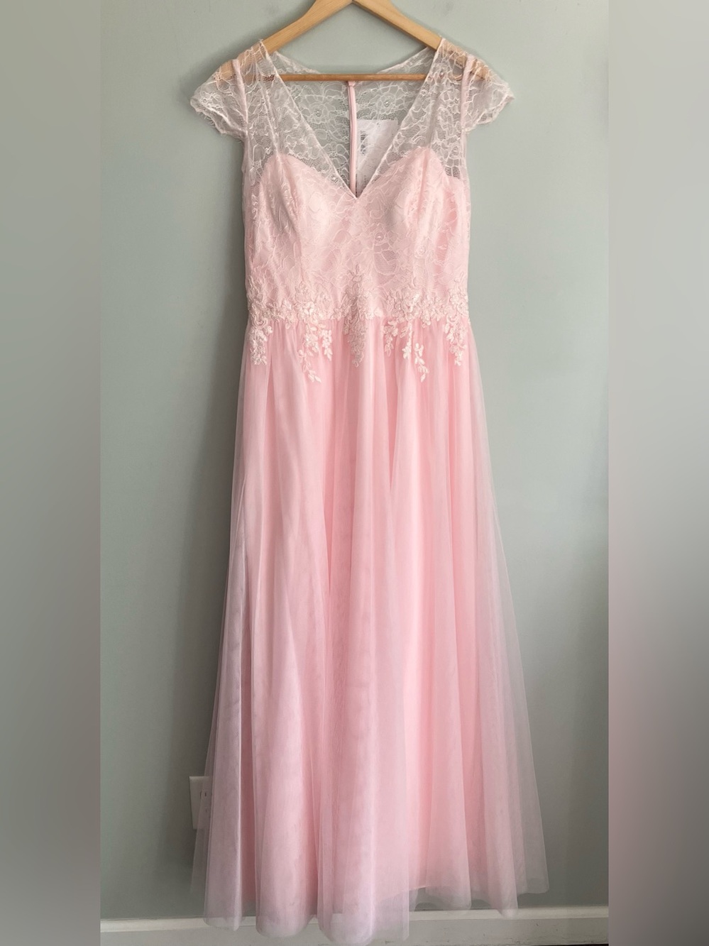 BELSOIE Blush Pink Lace and Chiffon Cap Sleeve Maxi Dress Size 10-12 NWT
